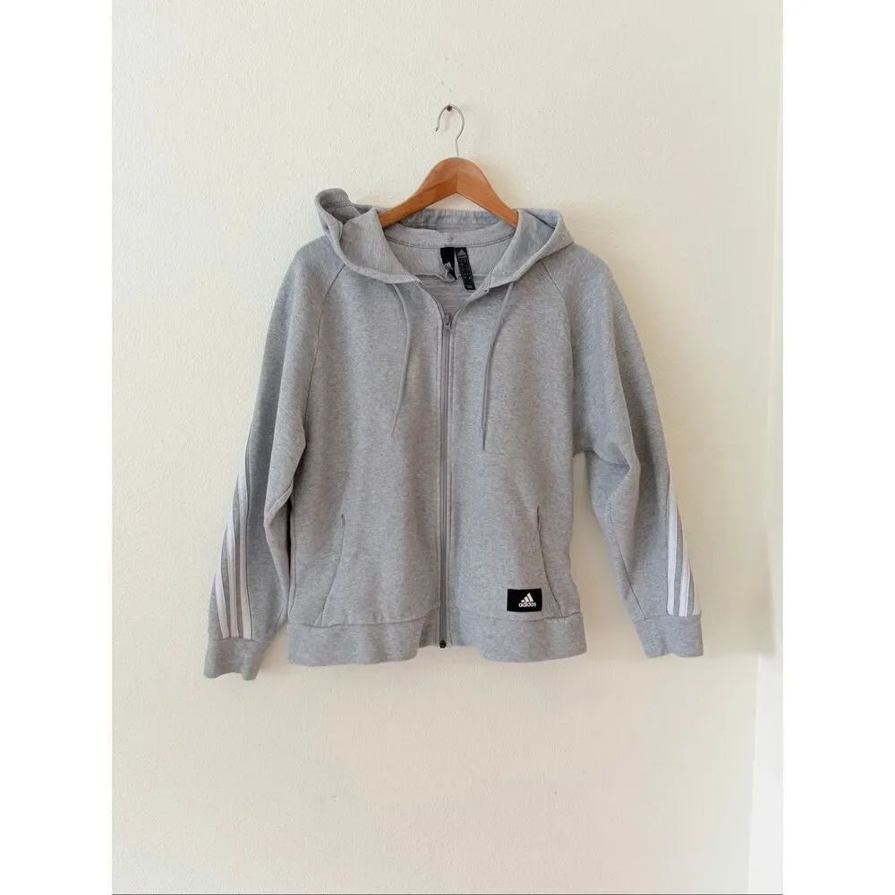 Adidas Future Icons Hoodie Women L Gray 3-Striped Full Zip Active